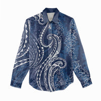 Polynesia Plumeria Lei Women Casual Shirt Navy Blue Curves Motif