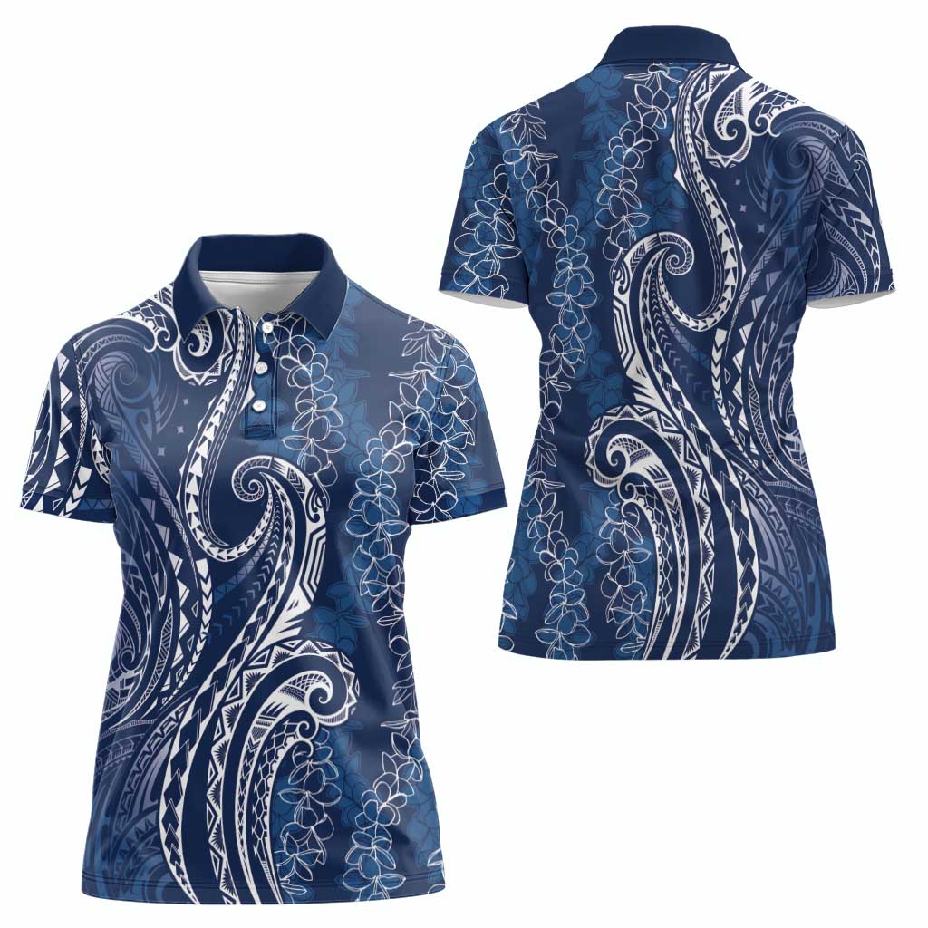 Polynesia Plumeria Lei Women Polo Shirt Navy Blue Curves Motif