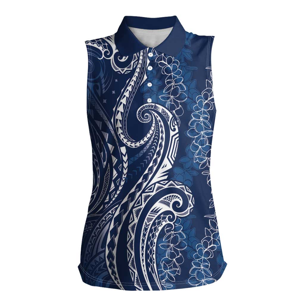 Polynesia Plumeria Lei Women Sleeveless Polo Shirt Navy Blue Curves Motif LT7 Female Navy Blue - Polynesian Pride