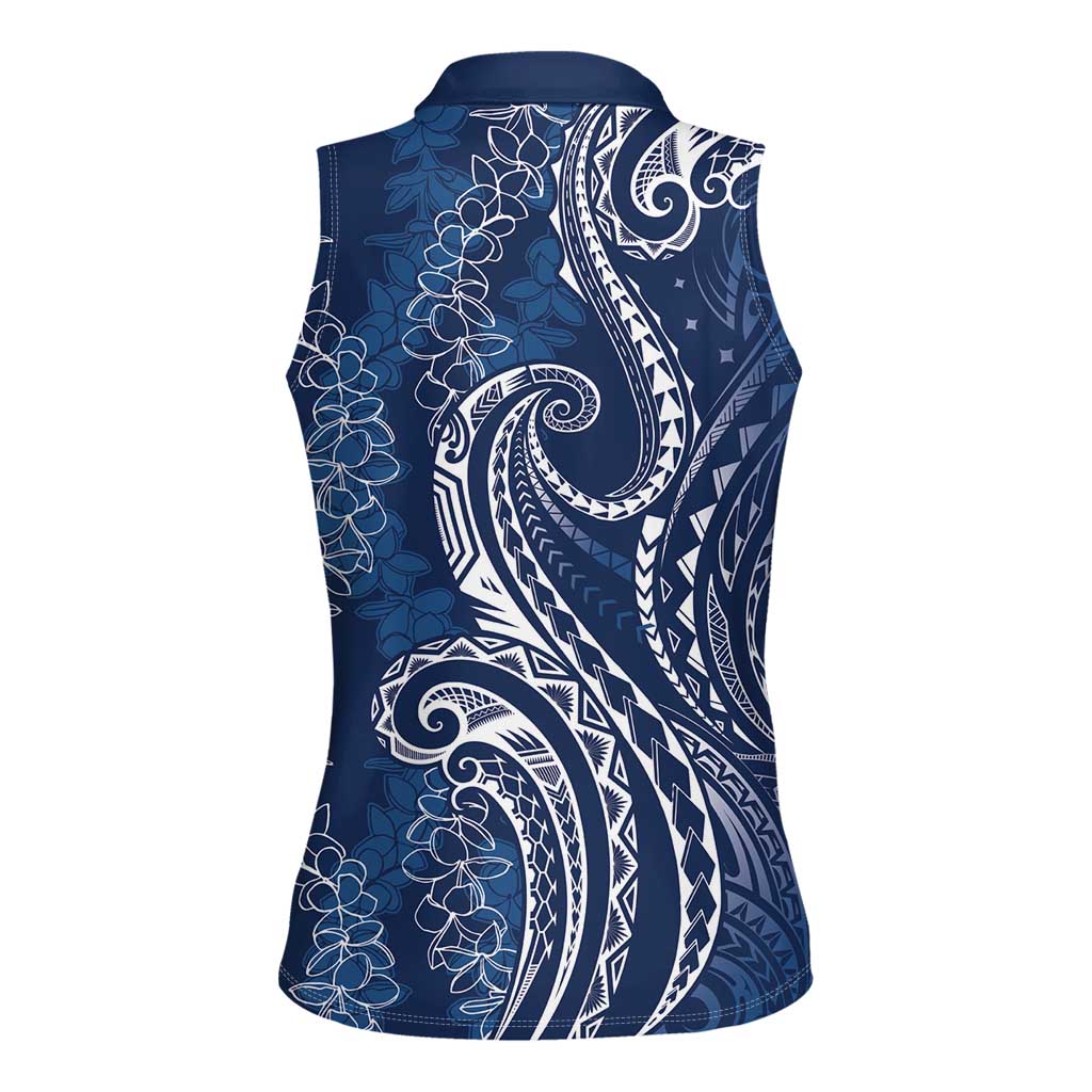 Polynesia Plumeria Lei Women Sleeveless Polo Shirt Navy Blue Curves Motif