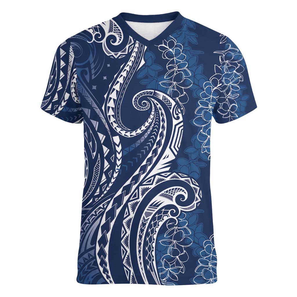 Polynesia Plumeria Lei Women V-Neck T-Shirt Navy Blue Curves Motif LT7 Female Navy Blue - Polynesian Pride
