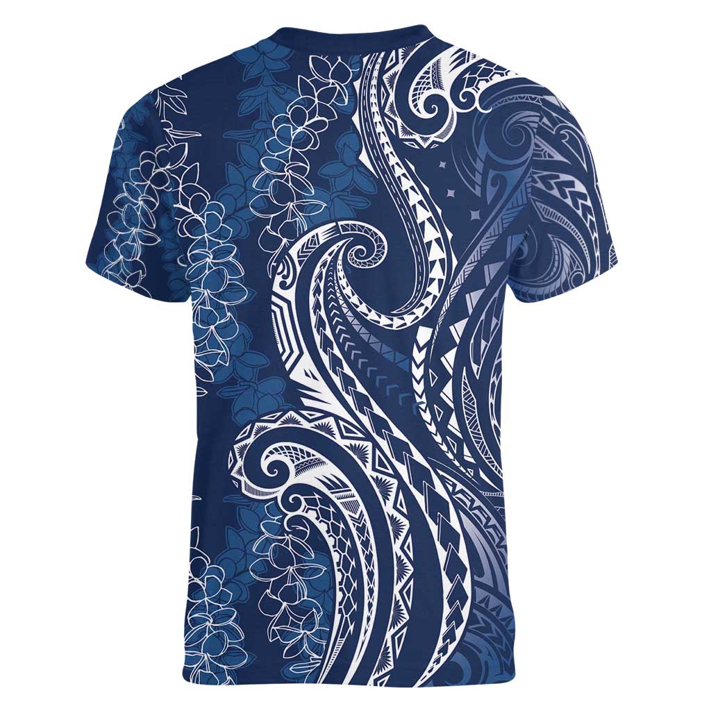 Polynesia Plumeria Lei Women V-Neck T-Shirt Navy Blue Curves Motif