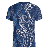 Polynesia Plumeria Lei Women V-Neck T-Shirt Navy Blue Curves Motif