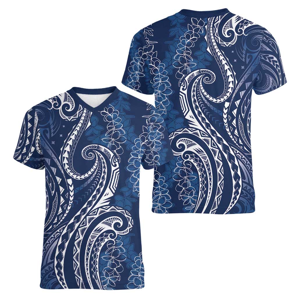 Polynesia Plumeria Lei Women V-Neck T-Shirt Navy Blue Curves Motif