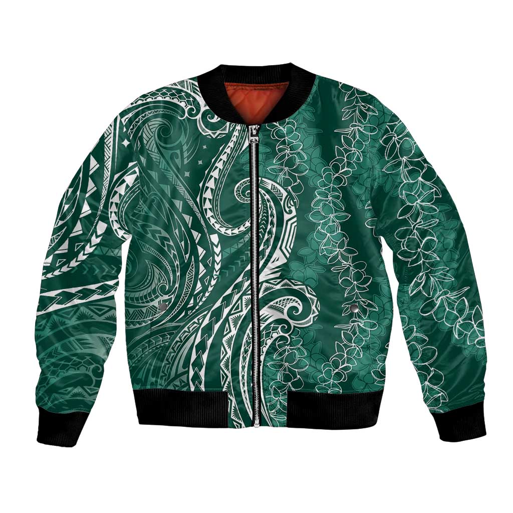 Polynesia Plumeria Lei Bomber Jacket Sage Green Curves Motif LT7 Unisex Dark Green - Polynesian Pride