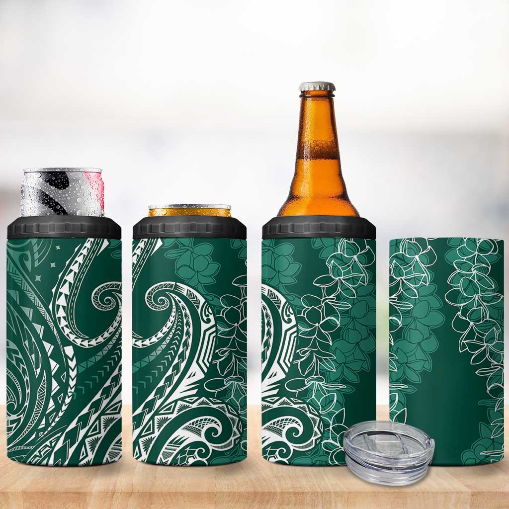 Polynesia Plumeria Lei 4 in 1 Can Cooler Tumbler Sage Green Curves Motif
