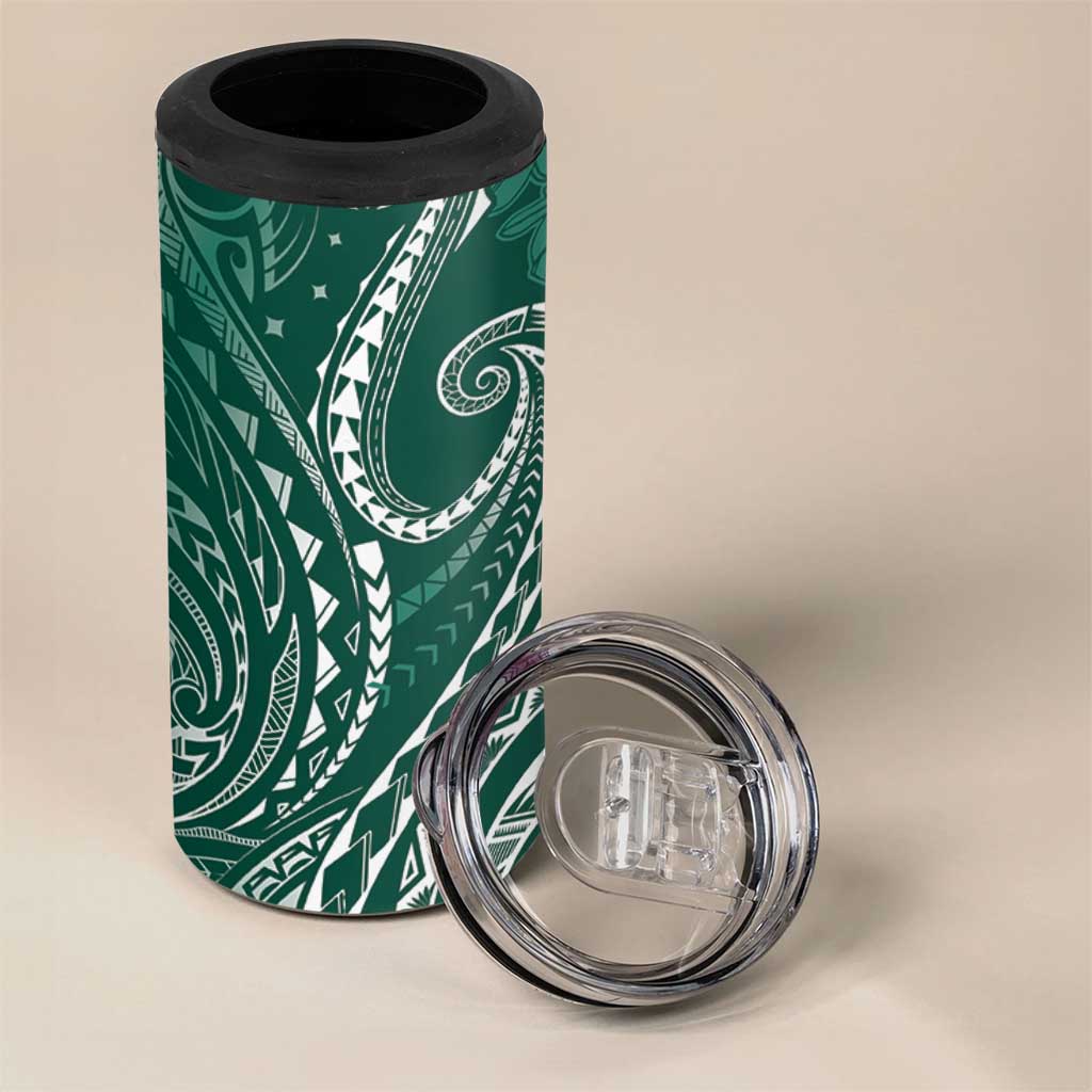 Polynesia Plumeria Lei 4 in 1 Can Cooler Tumbler Sage Green Curves Motif