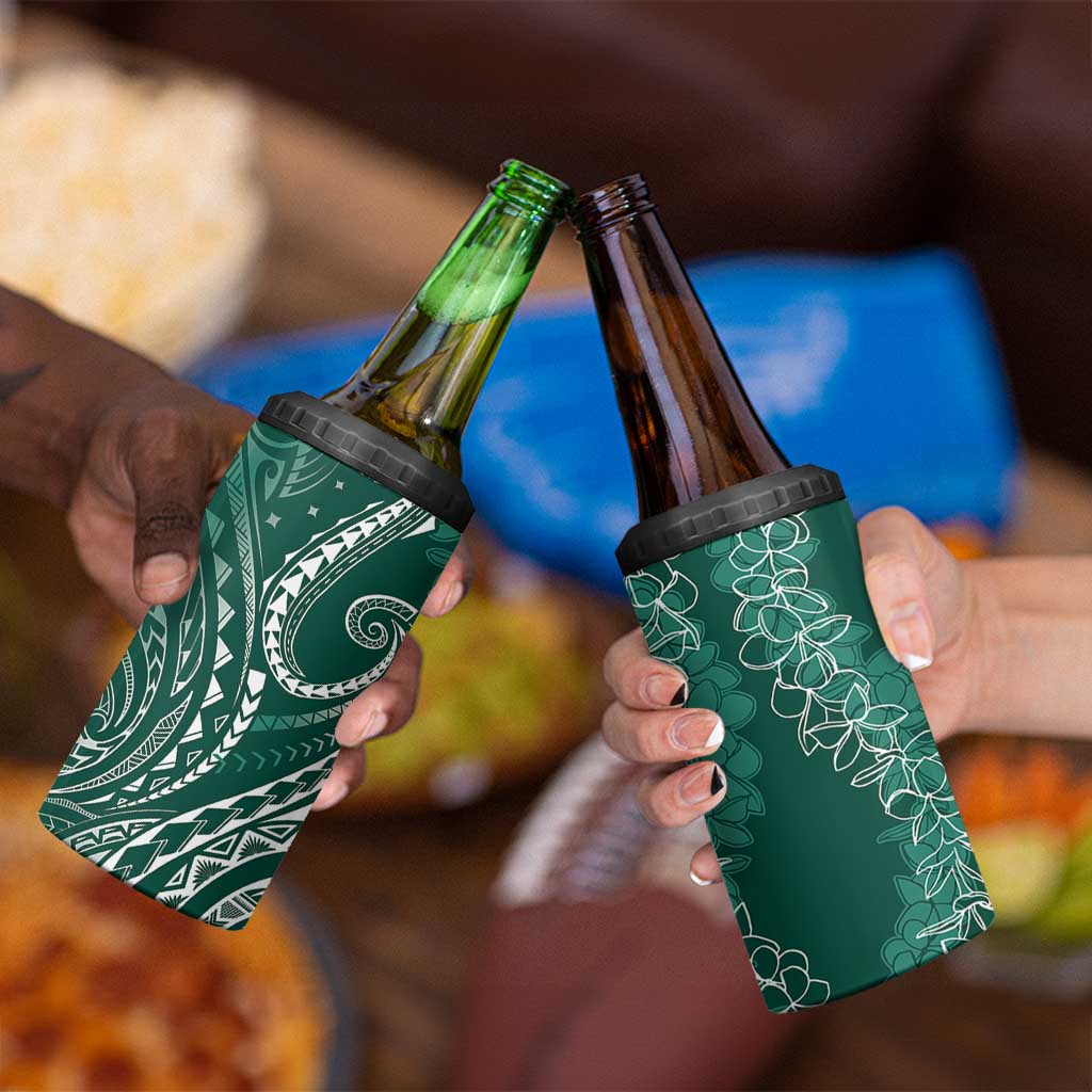 Polynesia Plumeria Lei 4 in 1 Can Cooler Tumbler Sage Green Curves Motif