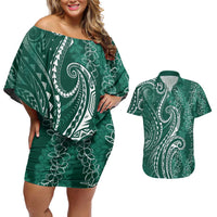 Polynesia Plumeria Lei Couples Matching Off Shoulder Short Dress and Hawaiian Shirt Sage Green Curves Motif