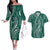 Polynesia Plumeria Lei Couples Matching Off The Shoulder Long Sleeve Dress and Hawaiian Shirt Sage Green Curves Motif