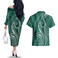 Polynesia Plumeria Lei Couples Matching Off The Shoulder Long Sleeve Dress and Hawaiian Shirt Sage Green Curves Motif