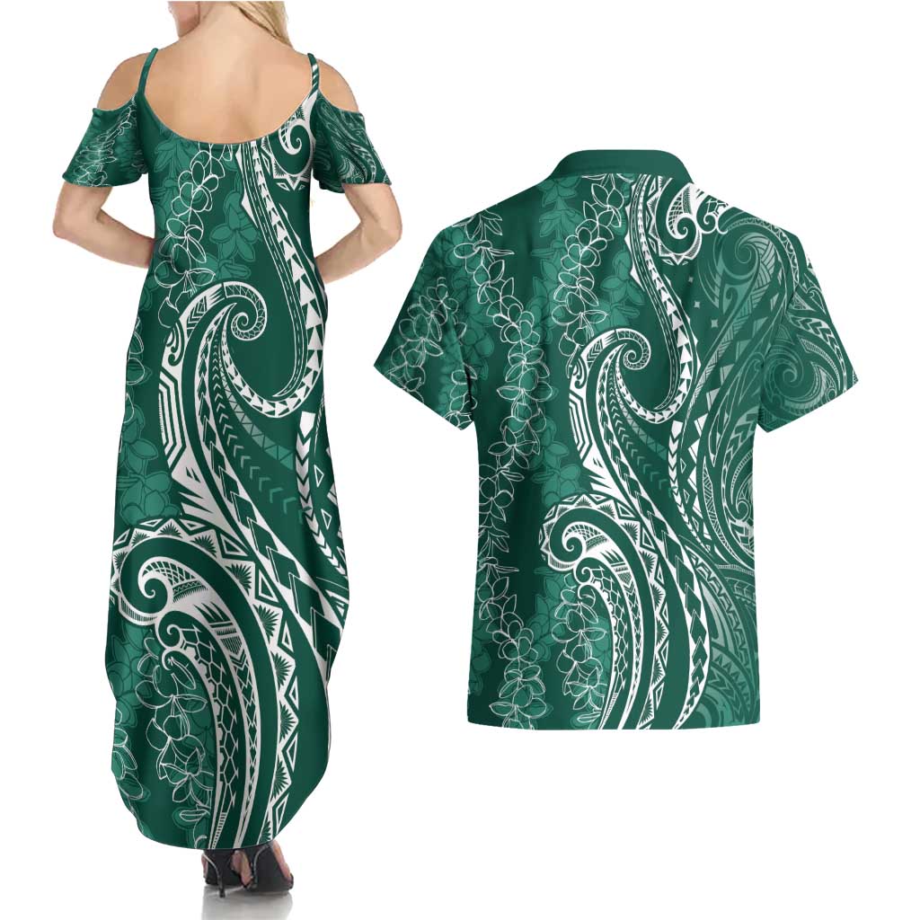 Polynesia Plumeria Lei Couples Matching Summer Maxi Dress and Hawaiian Shirt Sage Green Curves Motif