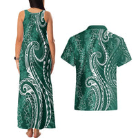 Polynesia Plumeria Lei Couples Matching Tank Maxi Dress and Hawaiian Shirt Sage Green Curves Motif