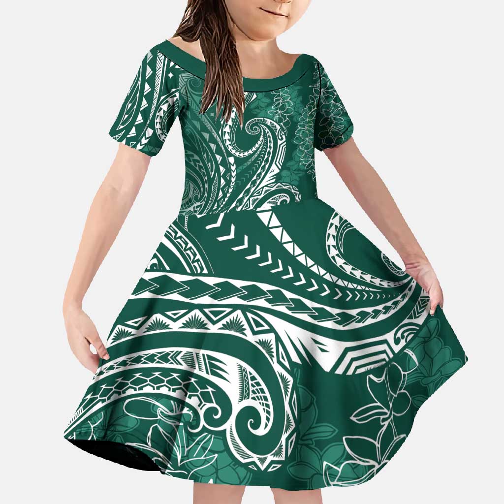 Polynesia Plumeria Lei Family Matching Mermaid Dress and Hawaiian Shirt Sage Green Curves Motif LT7 Daughter's Dress Dark Green - Polynesian Pride