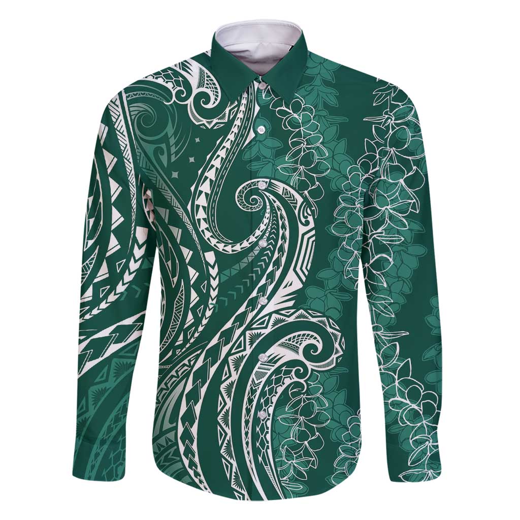 Polynesia Plumeria Lei Family Matching Mermaid Dress and Hawaiian Shirt Sage Green Curves Motif LT7 Dad's Shirt - Long Sleeve Dark Green - Polynesian Pride