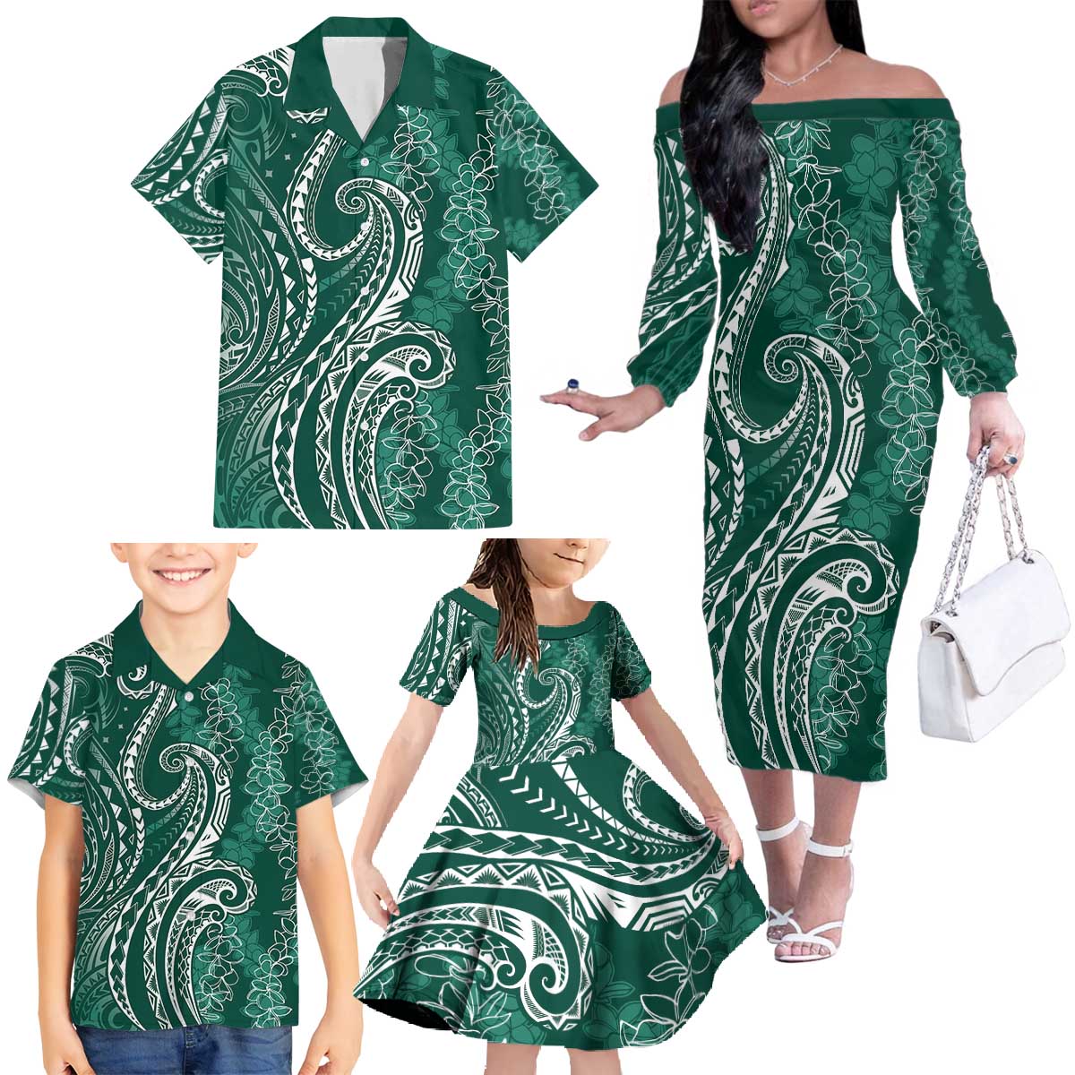 Polynesia Plumeria Lei Family Matching Off The Shoulder Long Sleeve Dress and Hawaiian Shirt Sage Green Curves Motif