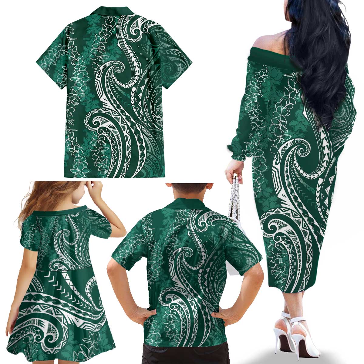 Polynesia Plumeria Lei Family Matching Off The Shoulder Long Sleeve Dress and Hawaiian Shirt Sage Green Curves Motif