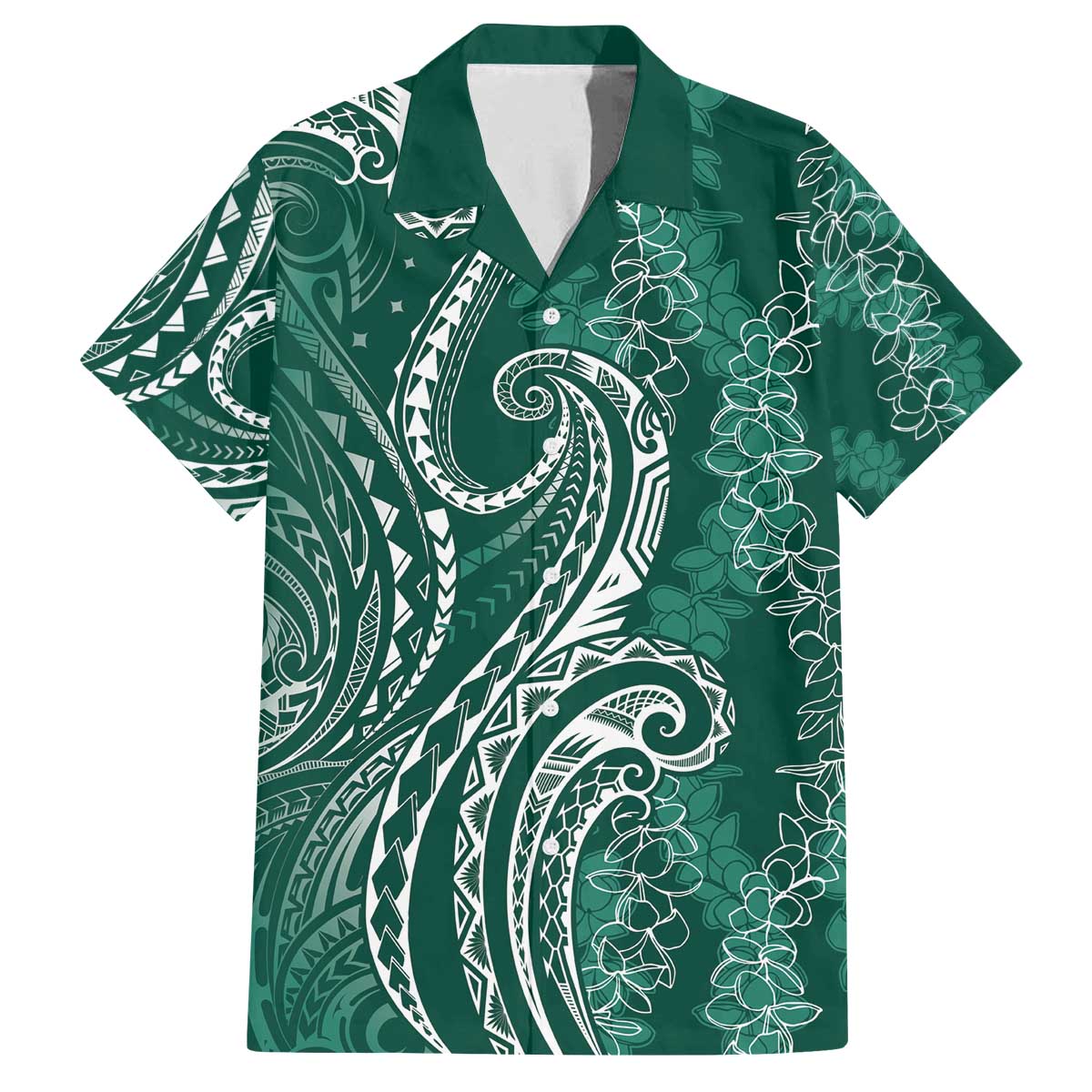 Polynesia Plumeria Lei Family Matching Off The Shoulder Long Sleeve Dress and Hawaiian Shirt Sage Green Curves Motif