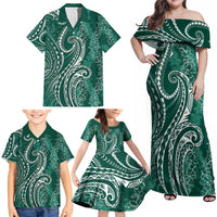 Polynesia Plumeria Lei Family Matching Off Shoulder Maxi Dress and Hawaiian Shirt Sage Green Curves Motif