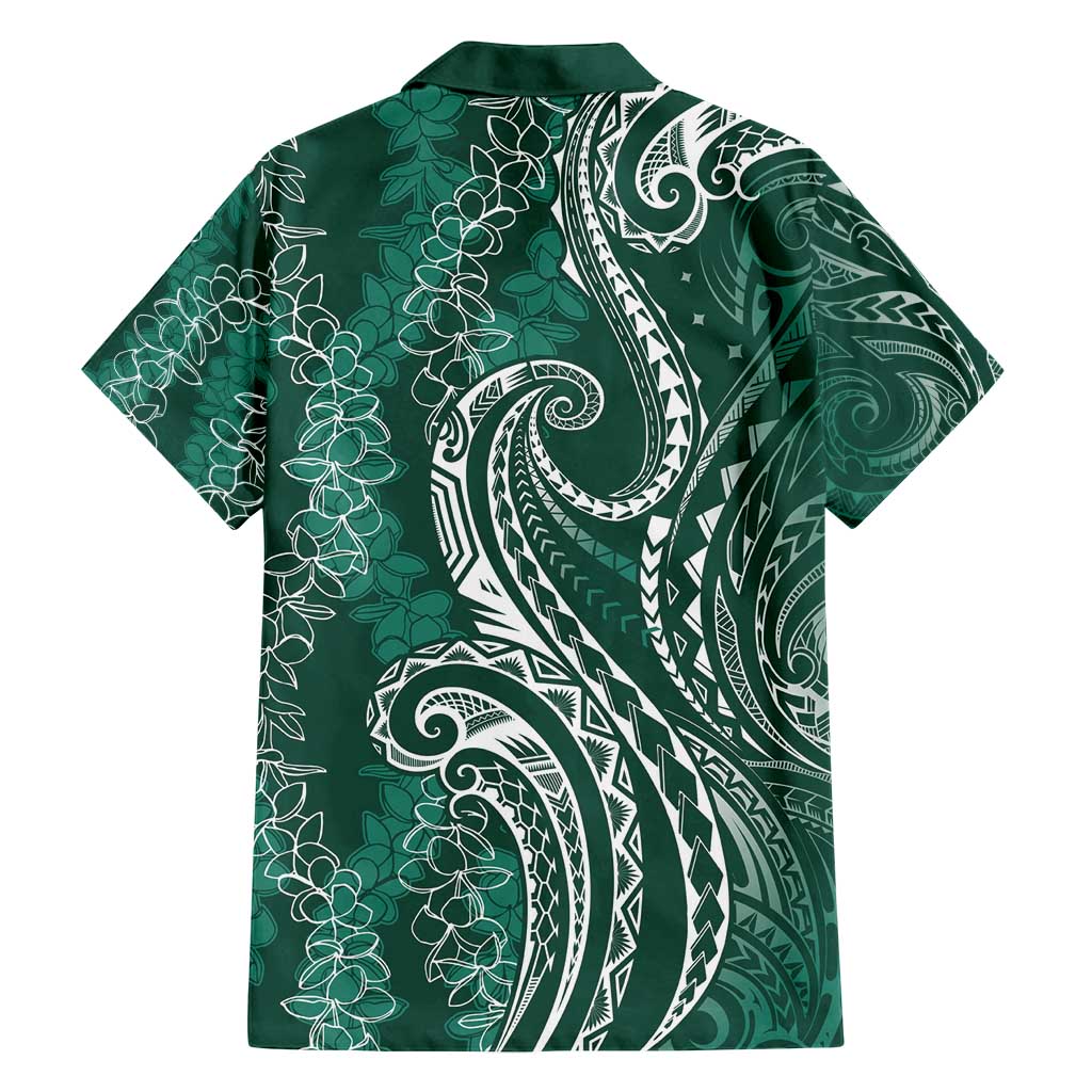 Polynesia Plumeria Lei Family Matching Puletasi and Hawaiian Shirt Sage Green Curves Motif