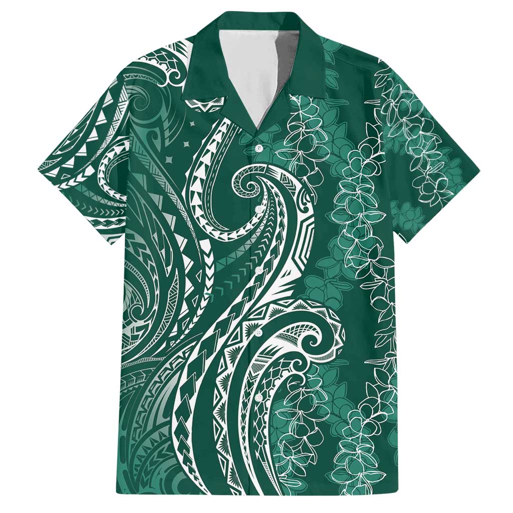 Polynesia Plumeria Lei Family Matching Short Sleeve Bodycon Dress and Hawaiian Shirt Sage Green Curves Motif LT7 Dad's Shirt - Short Sleeve Dark Green - Polynesian Pride