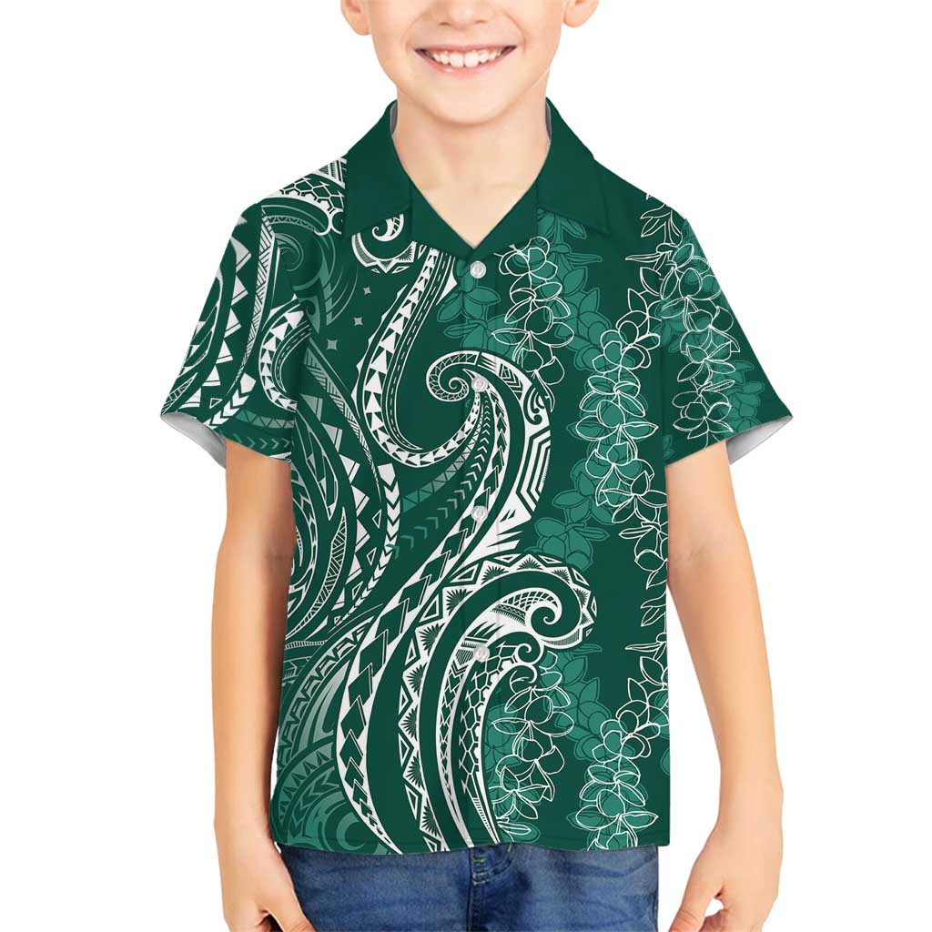 Polynesia Plumeria Lei Family Matching Summer Maxi Dress and Hawaiian Shirt Sage Green Curves Motif LT7 Son's Shirt Dark Green - Polynesian Pride