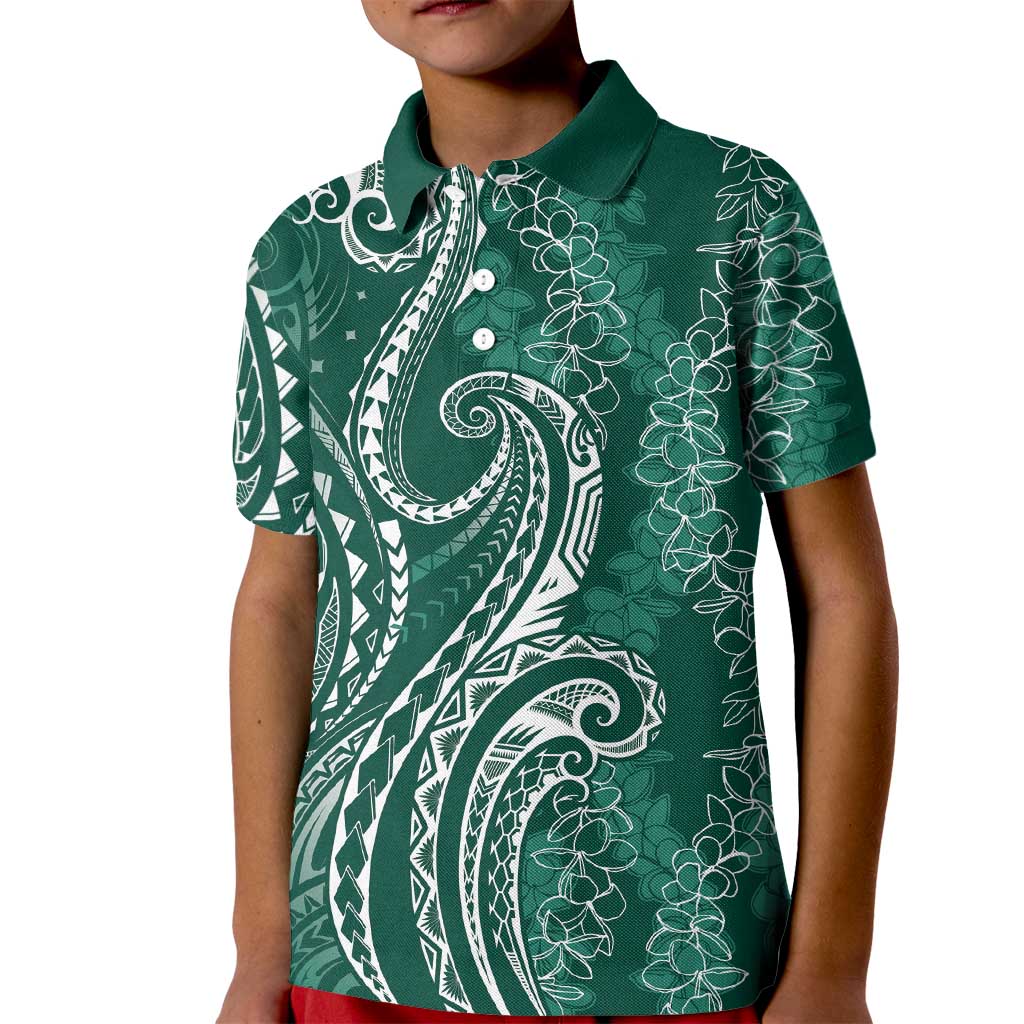 Polynesia Plumeria Lei Kid Polo Shirt Sage Green Curves Motif LT7 Kid Dark Green - Polynesian Pride
