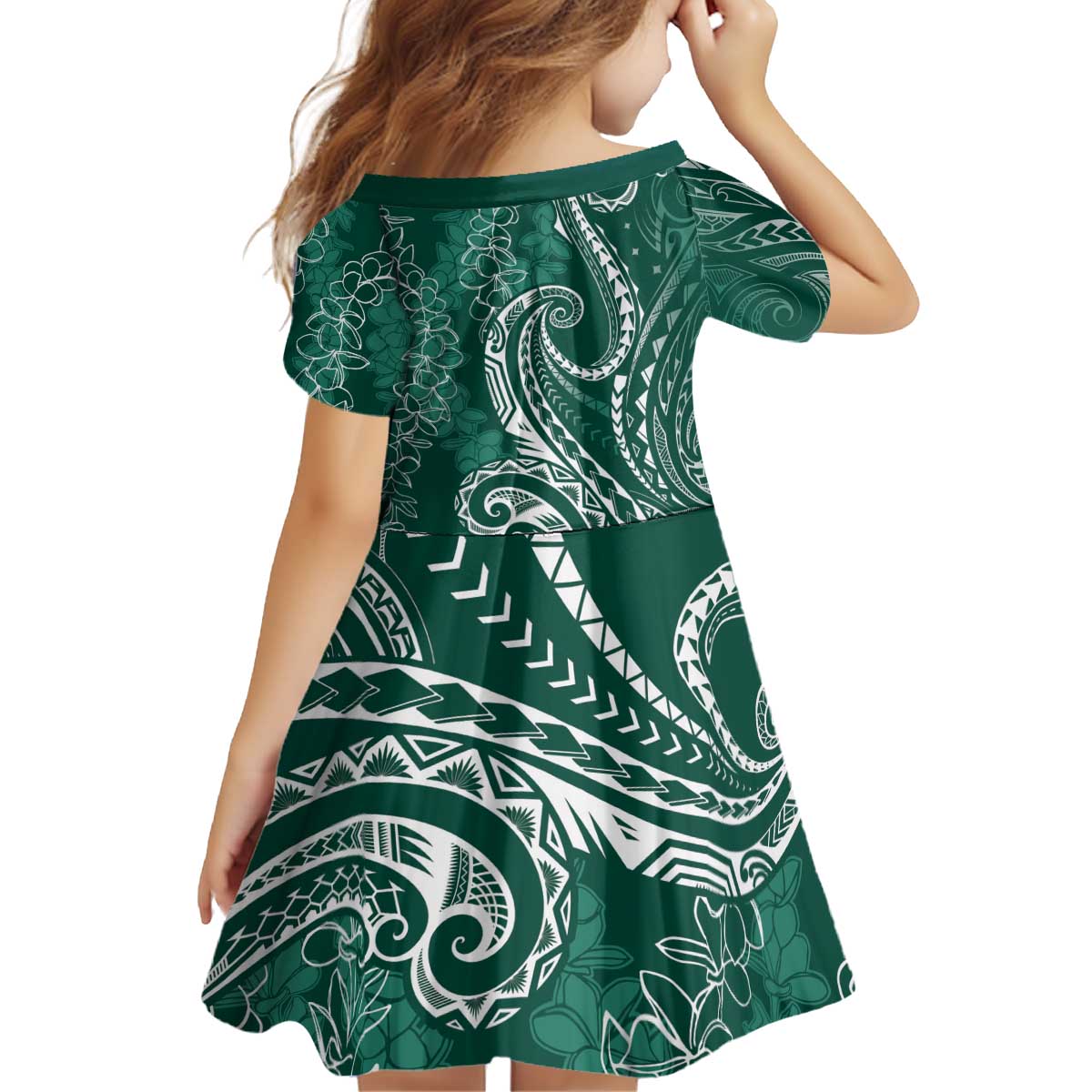 Polynesia Plumeria Lei Kid Short Sleeve Dress Sage Green Curves Motif