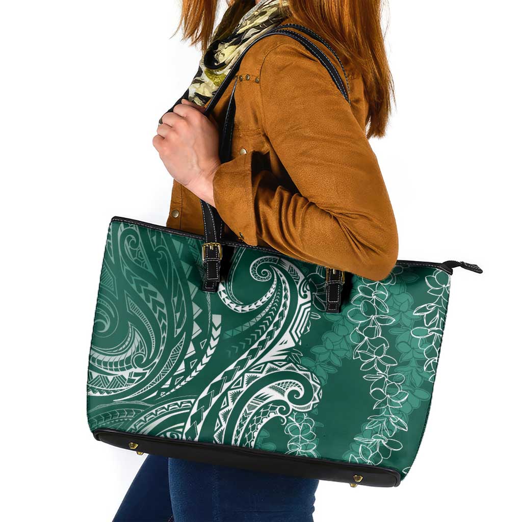 Polynesia Plumeria Lei Leather Tote Bag Sage Green Curves Motif