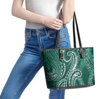 Polynesia Plumeria Lei Leather Tote Bag Sage Green Curves Motif