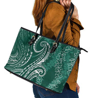 Polynesia Plumeria Lei Leather Tote Bag Sage Green Curves Motif