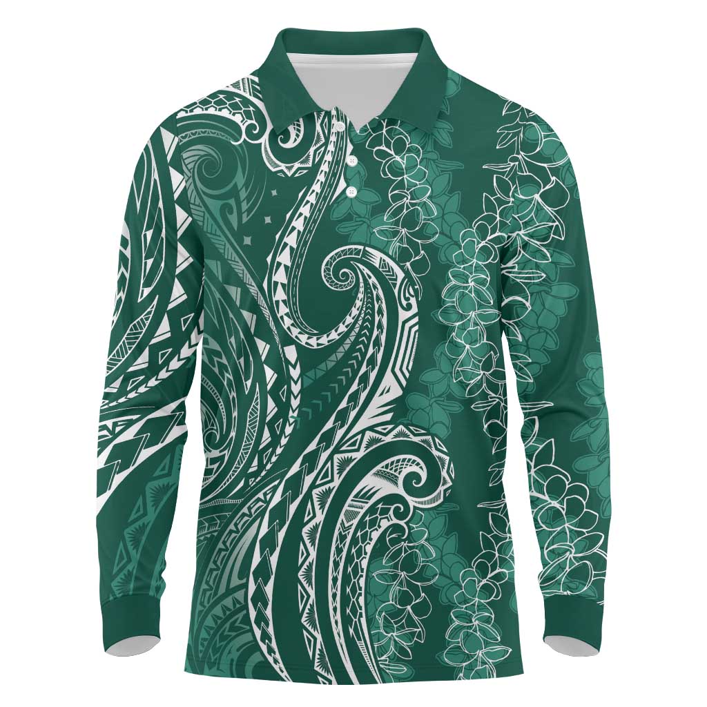 Polynesia Plumeria Lei Long Sleeve Polo Shirt Sage Green Curves Motif LT7 Dark Green - Polynesian Pride