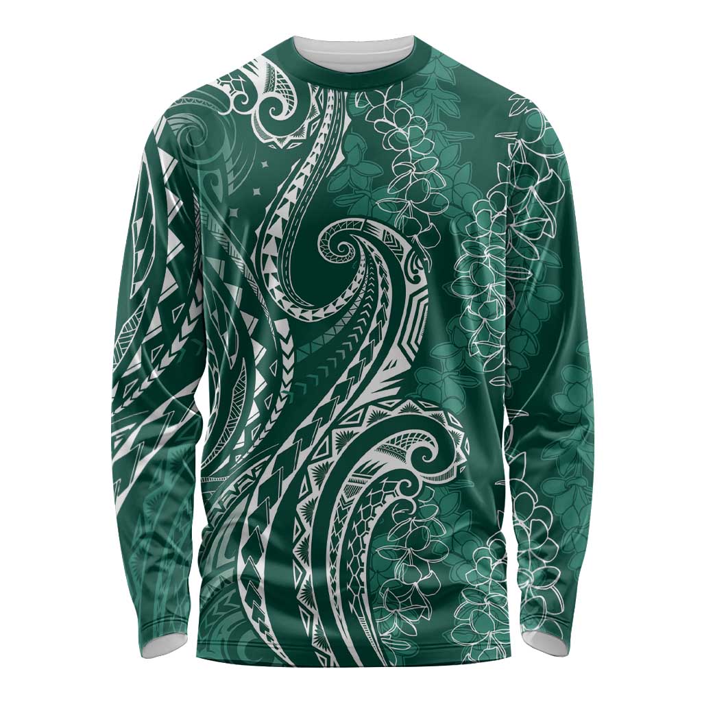 Polynesia Plumeria Lei Long Sleeve Shirt Sage Green Curves Motif LT7 Unisex Dark Green - Polynesian Pride