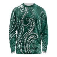 Polynesia Plumeria Lei Long Sleeve Shirt Sage Green Curves Motif LT7 Unisex Dark Green - Polynesian Pride