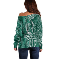 Polynesia Plumeria Lei Off Shoulder Sweater Sage Green Curves Motif