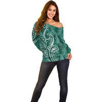 Polynesia Plumeria Lei Off Shoulder Sweater Sage Green Curves Motif