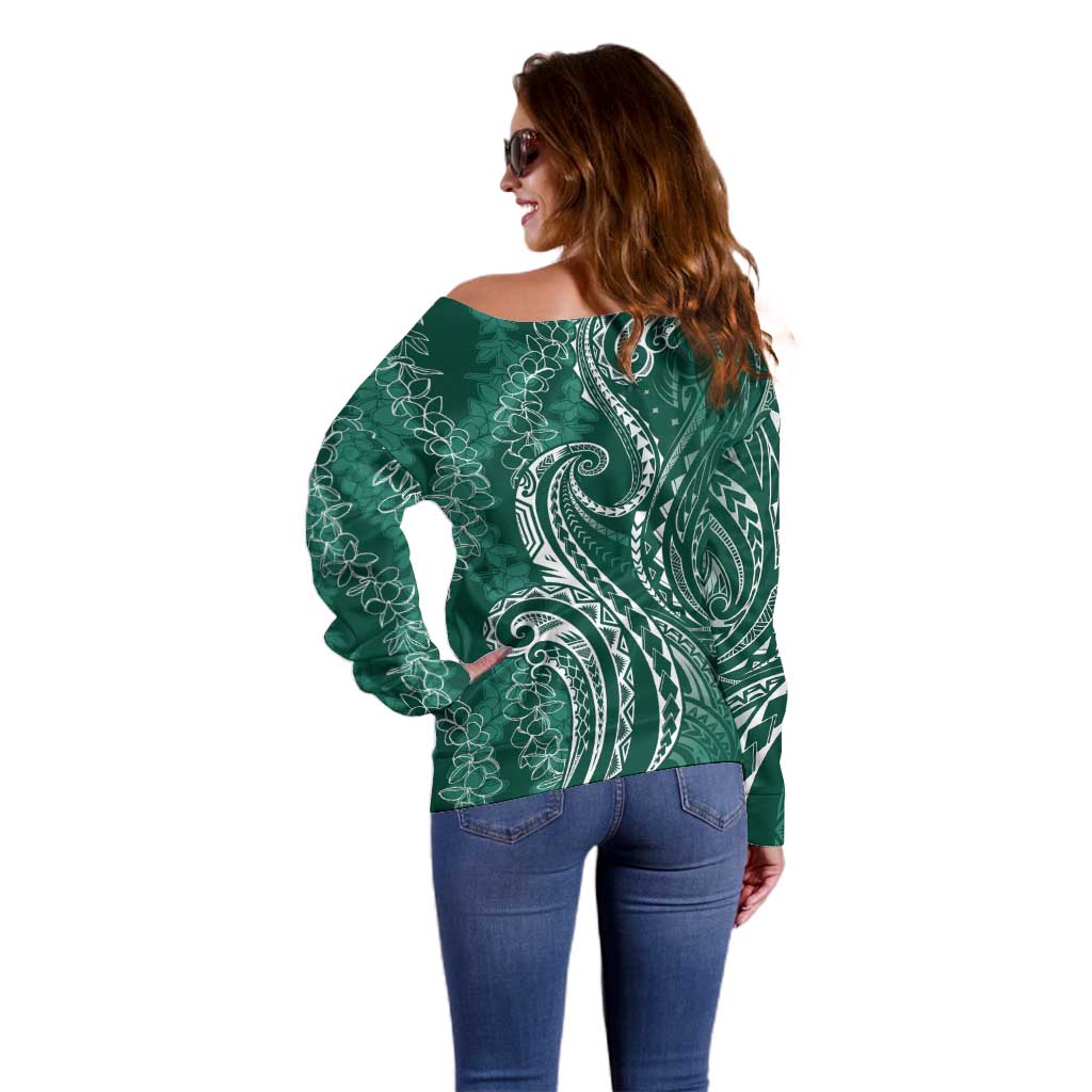 Polynesia Plumeria Lei Off Shoulder Sweater Sage Green Curves Motif