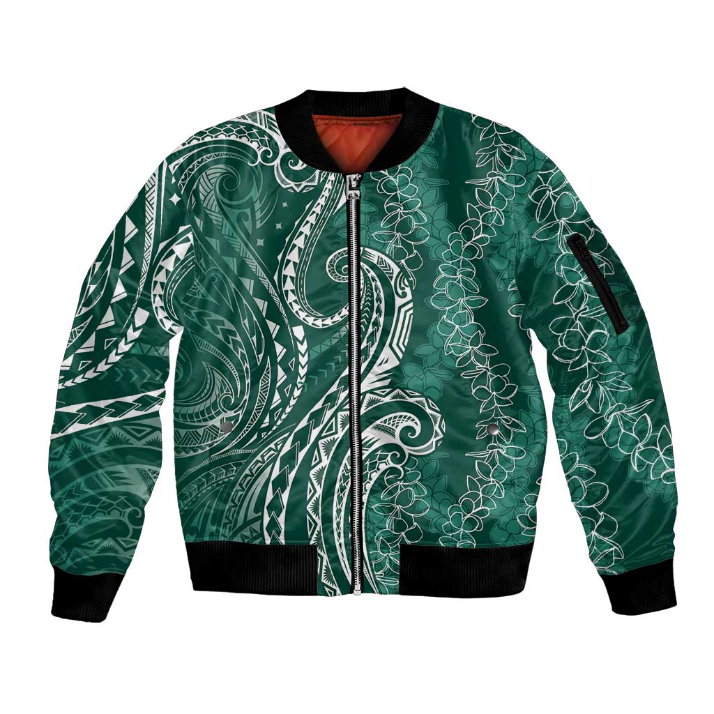 Polynesia Plumeria Lei Sleeve Zip Bomber Jacket Sage Green Curves Motif LT7 Unisex Dark Green - Polynesian Pride