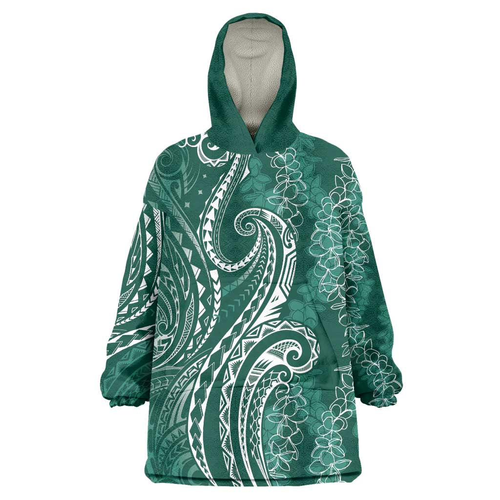 Polynesia Plumeria Lei Wearable Blanket Hoodie Sage Green Curves Motif LT7 One Size Dark Green - Polynesian Pride