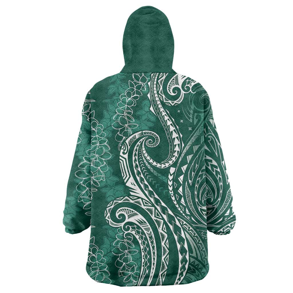 Polynesia Plumeria Lei Wearable Blanket Hoodie Sage Green Curves Motif