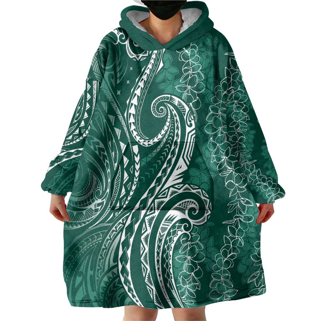 Polynesia Plumeria Lei Wearable Blanket Hoodie Sage Green Curves Motif