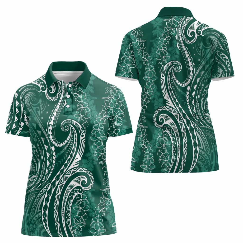 Polynesia Plumeria Lei Women Polo Shirt Sage Green Curves Motif