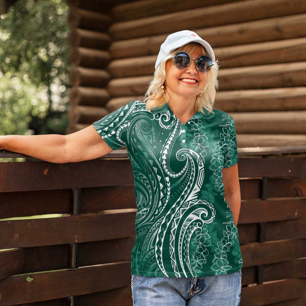 Polynesia Plumeria Lei Women Polo Shirt Sage Green Curves Motif