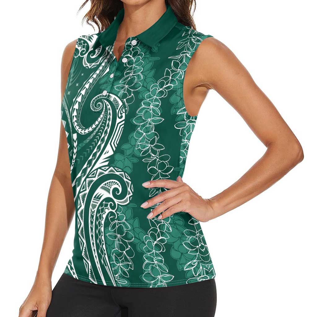 Polynesia Plumeria Lei Women Sleeveless Polo Shirt Sage Green Curves Motif