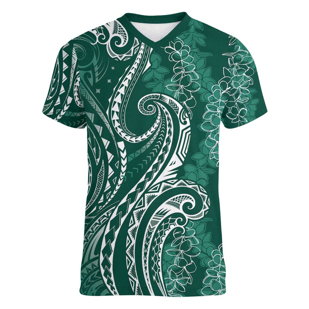 Polynesia Plumeria Lei Women V-Neck T-Shirt Sage Green Curves Motif LT7 Female Dark Green - Polynesian Pride