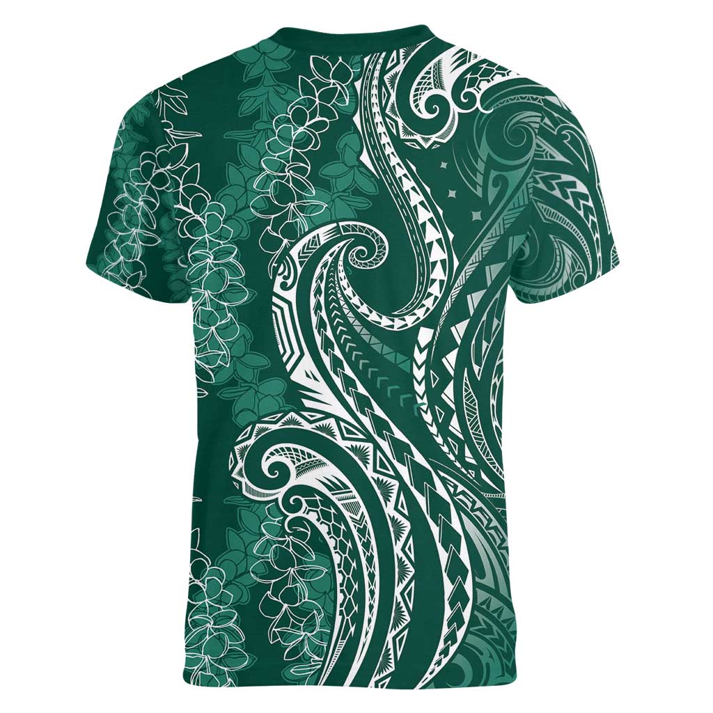 Polynesia Plumeria Lei Women V-Neck T-Shirt Sage Green Curves Motif
