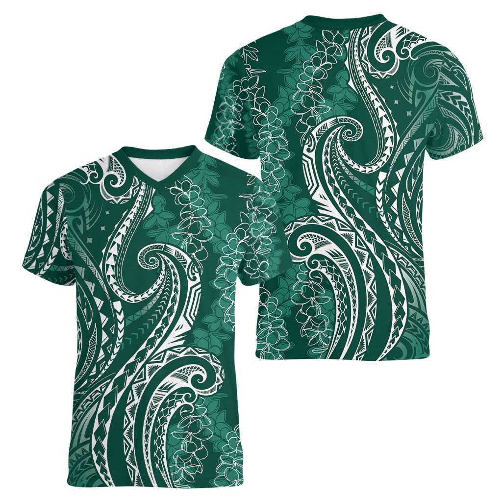 Polynesia Plumeria Lei Women V-Neck T-Shirt Sage Green Curves Motif