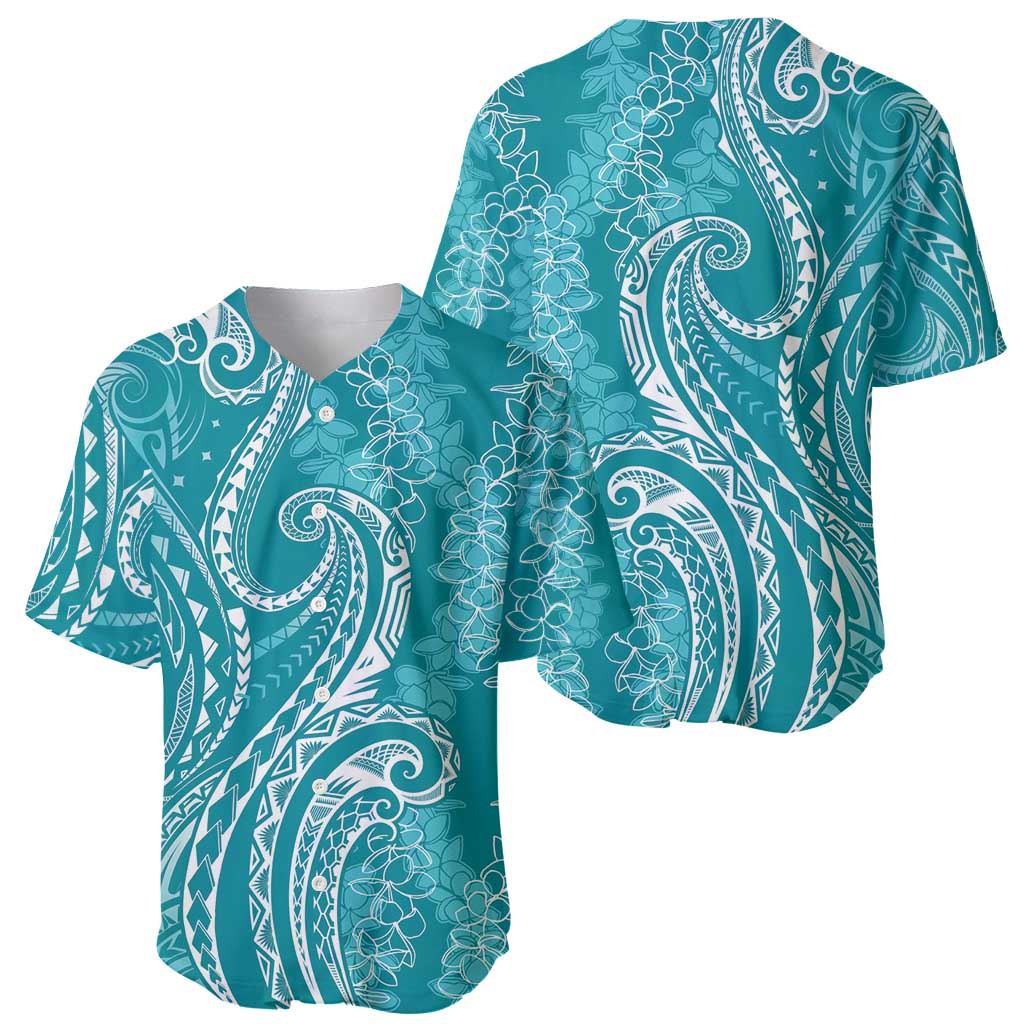 Polynesia Plumeria Lei Baseball Jersey Teal Curves Motif