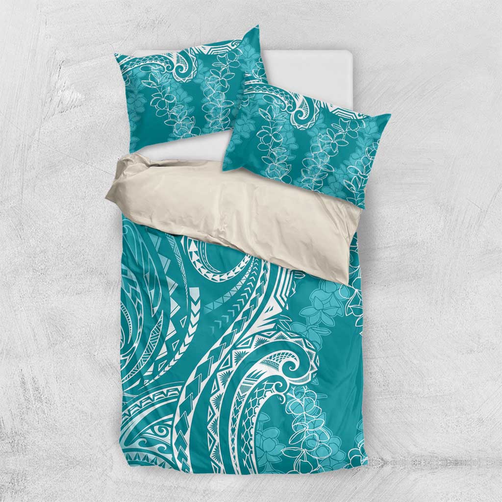 Polynesia Plumeria Lei Bedding Set Teal Curves Motif