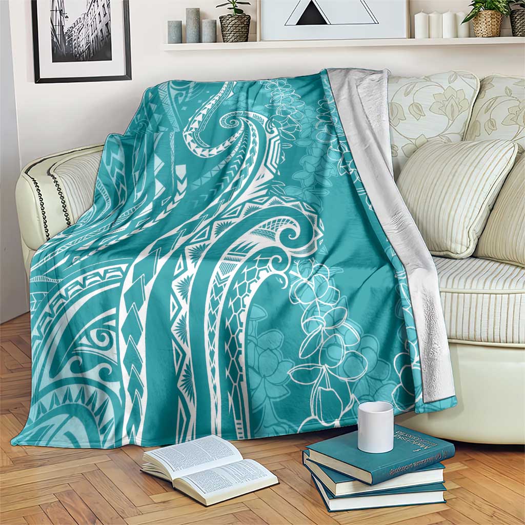 Polynesia Plumeria Lei Blanket Teal Curves Motif